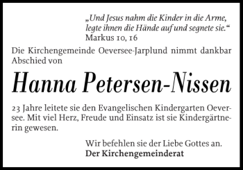 Traueranzeige von Hanna Petersen-Nissen von Flensburger Tageblatt