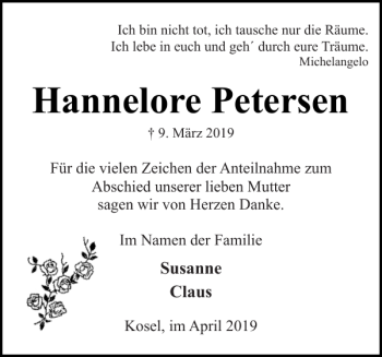 Traueranzeige von Hannelore Petersen von Eckernförder Zeitung