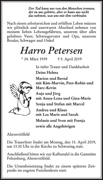 Traueranzeige von Harro Petersen von Flensburger Tageblatt