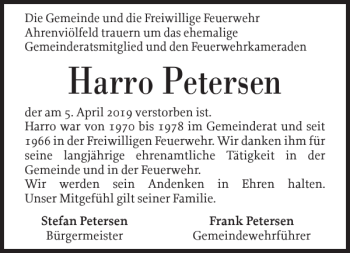 Traueranzeige von Harro Petersen von Husumer Nachrichten