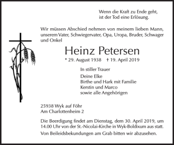 Traueranzeige von Heinz Petersen von Der Insel-Bote