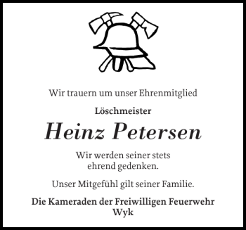 Traueranzeige von Heinz Petersen von Der Insel-Bote