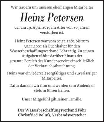 Traueranzeige von Heinz Petersen von Der Insel-Bote