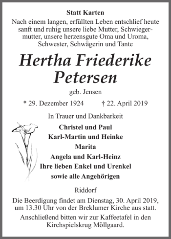 Traueranzeige von Hertha Friederike Petersen von Flensburger Tageblatt