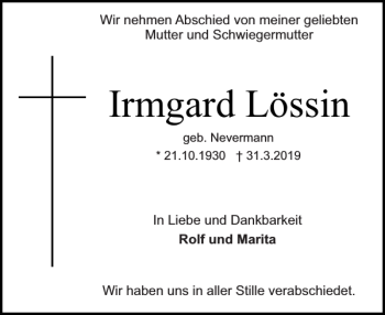Traueranzeige von Irmgard Lössin von Holsteinischer Courier
