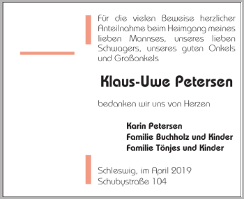 Traueranzeige von Klaus-Uwe Petersen von Schleswiger Nachrichten