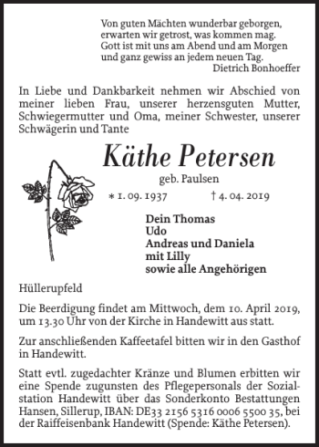 Traueranzeige von Käthe Petersen von Flensburger Tageblatt