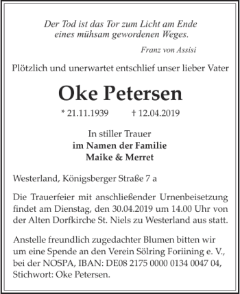 Traueranzeige von Oke Petersen von Sylter Rundschau