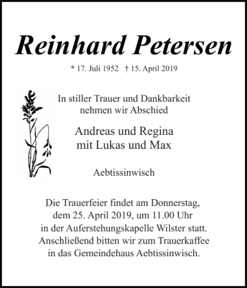 Traueranzeige von Reinhard Petersen von Norddeutsche Rundschau