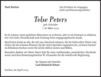 Traueranzeige von Telse Peters von Norddeutsche Rundschau