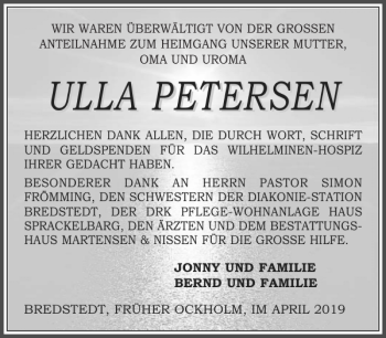 Traueranzeige von ULLA PETERSEN von Husumer Nachrichten