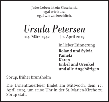 Traueranzeige von Ursula Petersen von Flensburger Tageblatt