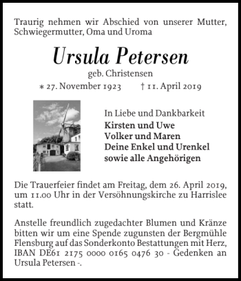 Traueranzeige von Ursula Petersen von Flensburger Tageblatt
