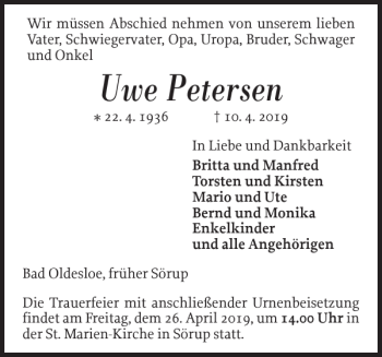 Traueranzeige von Uwe Petersen von Flensburger Tageblatt
