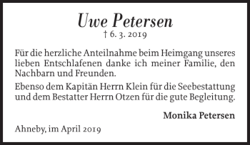 Traueranzeige von Uwe Petersen von Flensburger Tageblatt