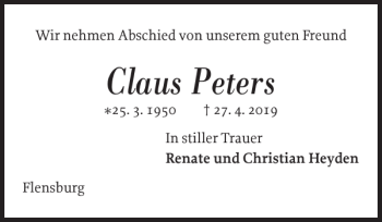 Traueranzeige von Claus Peters von Flensburger Tageblatt