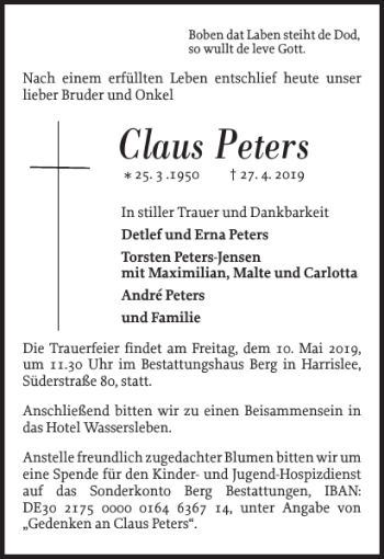 Traueranzeige von Claus Peters von Flensburger Tageblatt