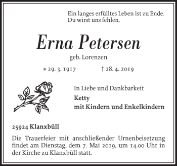 Traueranzeige von Erna Petersen von Nordfriesland Tageblatt