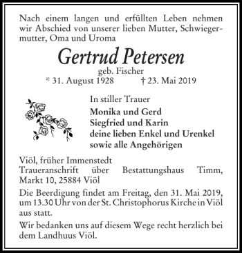 Traueranzeige von Gertrud Petersen von Husumer Nachrichten