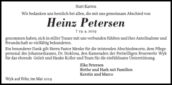 Traueranzeige von Heinz Petersen von Der Insel-Bote