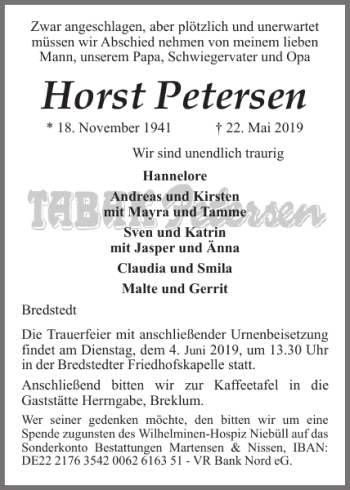 Traueranzeige von Horst Petersen von Husumer Nachrichten