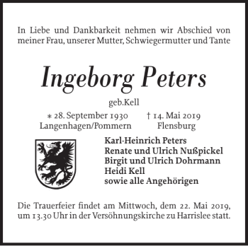 Traueranzeige von Ingeborg Peters von Flensburger Tageblatt