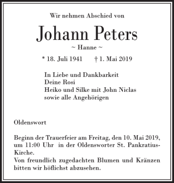 Traueranzeige von Johann Peters von Husumer Nachrichten