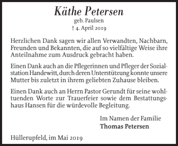 Traueranzeige von Käthe Petersen von Flensburger Tageblatt