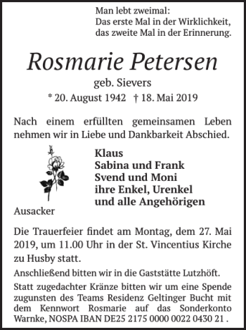 Traueranzeige von Rosmarie Petersen von Flensburger Tageblatt
