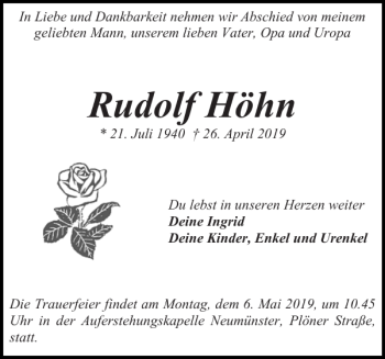 Traueranzeige von Rudolf Höhn von Holsteinischer Courier