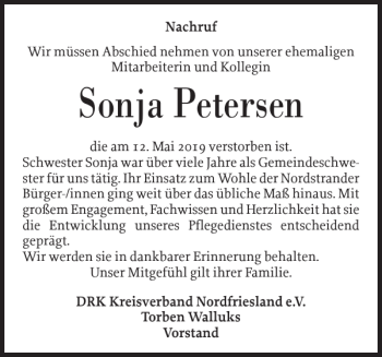 Traueranzeige von Sonja Petersen von Husumer Nachrichten