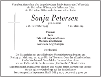 Traueranzeige von Sonja Petersen von Husumer Nachrichten