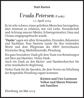 Traueranzeige von Ursula Petersen von Flensburger Tageblatt