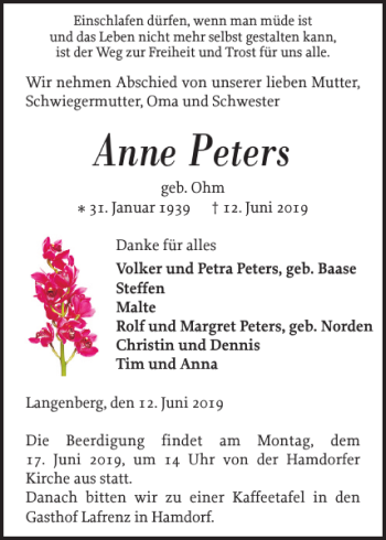 Traueranzeige von Anne Peters von Landeszeitung