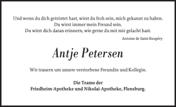 Traueranzeige von Antje Petersen von Flensburger Tageblatt