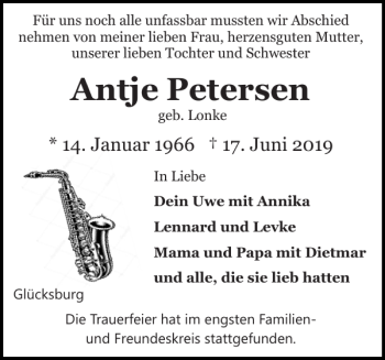 Traueranzeige von Antje Petersen von Flensburger Tageblatt