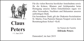 Traueranzeige von Claus Peters von Eckernförder Zeitung