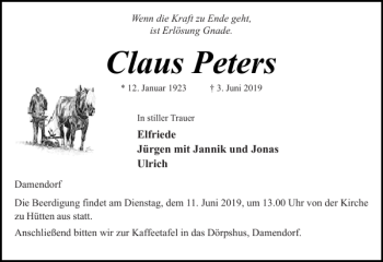 Traueranzeige von Claus Peters von Eckernförder Zeitung