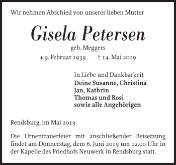 Traueranzeige von Gisela Petersen von Landeszeitung
