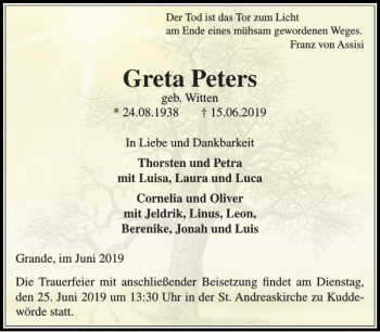 Traueranzeige von Greta Peters von Stormarner Tageblatt