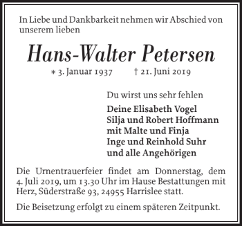 Traueranzeige von Hans-Walter Petersen von Flensburger Tageblatt