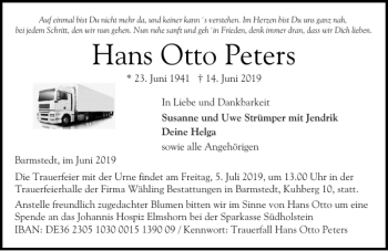 Traueranzeige von Hans Otto Peters von Elmshorner Nachrichten