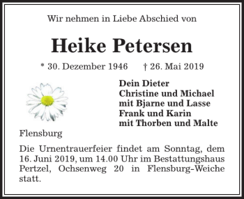 Traueranzeige von Heike Petersen von Flensburger Tageblatt