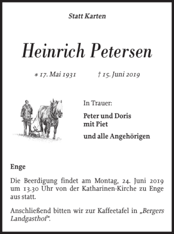 Traueranzeige von Heinrich Petersen von Nordfriesland Tageblatt