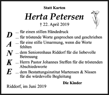 Traueranzeige von Herta Petersen von Flensburger Tageblatt