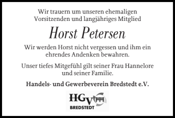 Traueranzeige von Horst Petersen von Husumer Nachrichten