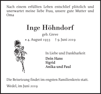 Traueranzeige von Inge Höhndorf von Wedel-Schulauer Tageblatt
