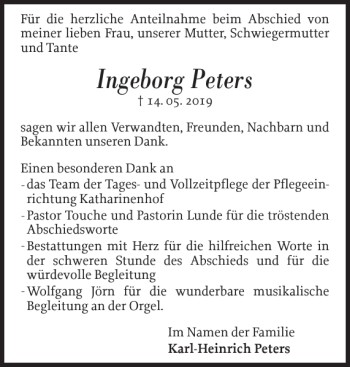 Traueranzeige von Ingeborg Peters von Flensburger Tageblatt