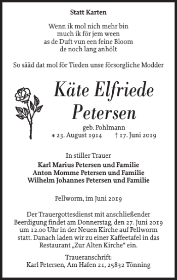 Traueranzeige von Käte Elfriede Petersen von Husumer Nachrichten