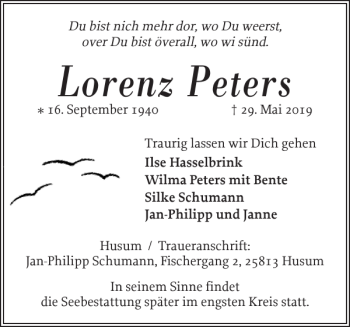 Traueranzeige von Lorenz Peters von Husumer Nachrichten